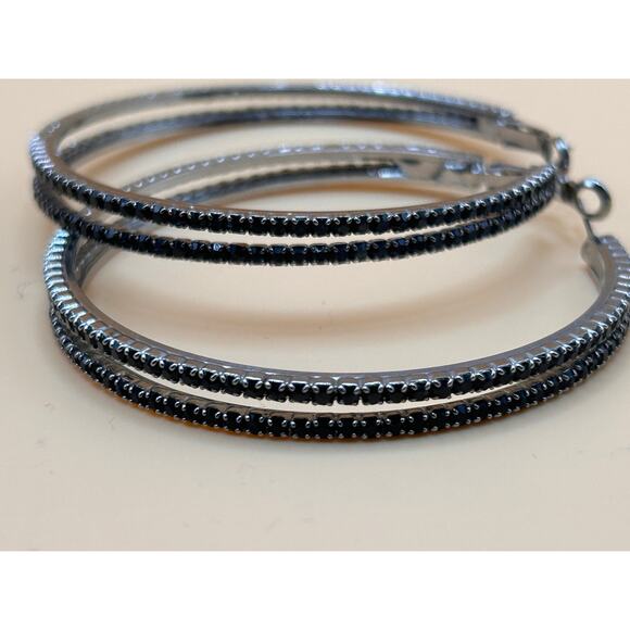 Large Silver Hoop Earrings with Black Crystal Accents - Picture 2 of 4